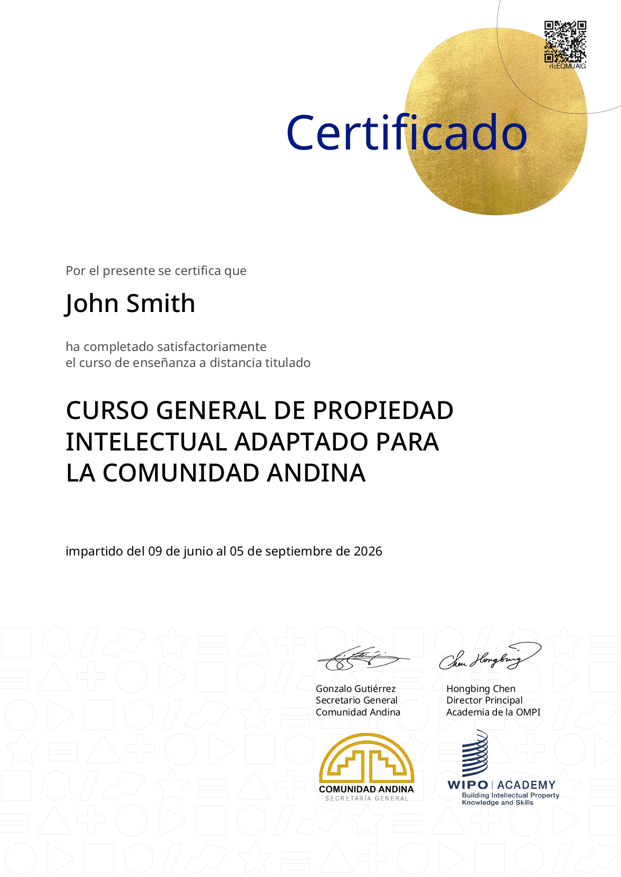 Sample certificate